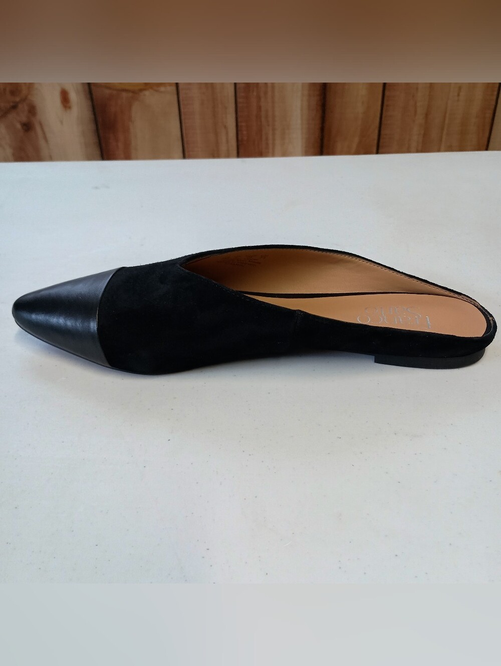 Franco Sarto Mule Flats Womens 8 Black Sharin Suede Leather Cap Toe Pointed - Picture 5 of 11